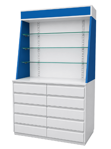 Torre-Gavetera-Metálica-para-Droguería-en-Colombia-Muebles-para-Farmacia