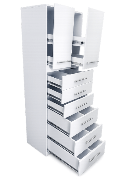 Columna metálica para almacenamiento de medicamentos en farmacias Mueble con gavetas organizadoras para almacenamiento farmacéutico y control de inventarios. Farmalínea para medicamentos con 10 gavetas y entrepaños en vidrio. Ideal para farmacias, droguerías, clínicas e IPS. Alta capacidad de almacenamiento.